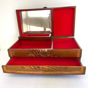 Vintage Hand Carved Wood Jewelry Box Asian drawer Red Velvet Lining Camphor